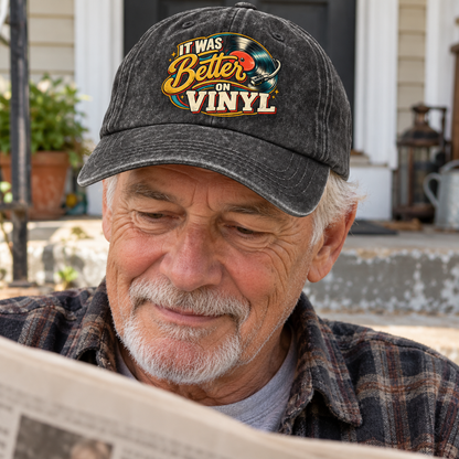 Senior man wears black vintage washed cap printed with It Was Better On Vinyl