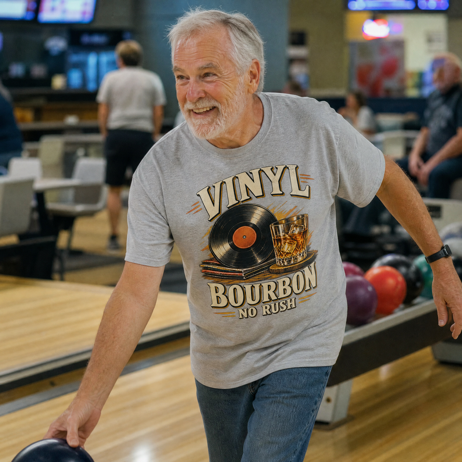 Gray vintage t-shirt with printed Vinyl Bourbon No Rush design, worn by senior man bowling.