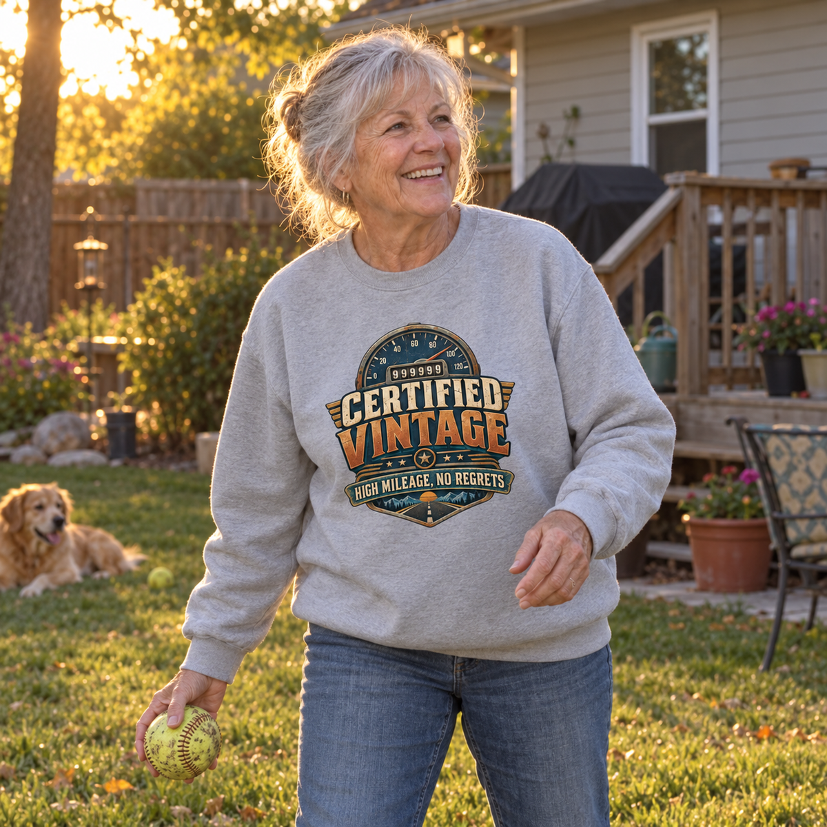 Senior woman wears gray vintage sweatshirt printed Certified Vintage High Mileage, No Regrets in backyard