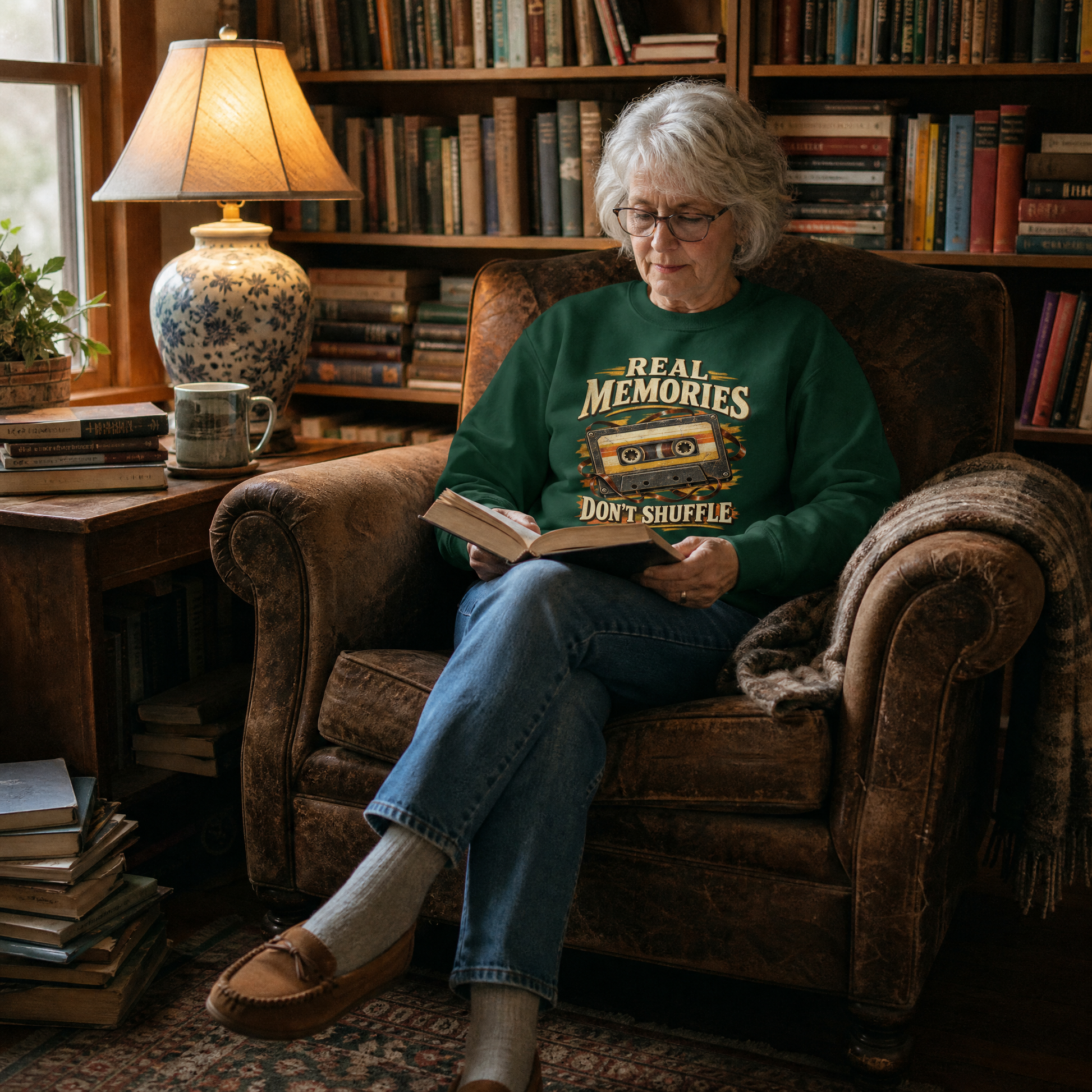 Senior woman wearing green vintage sweatshirt with Real Memories Don’t Shuffle print, reading.