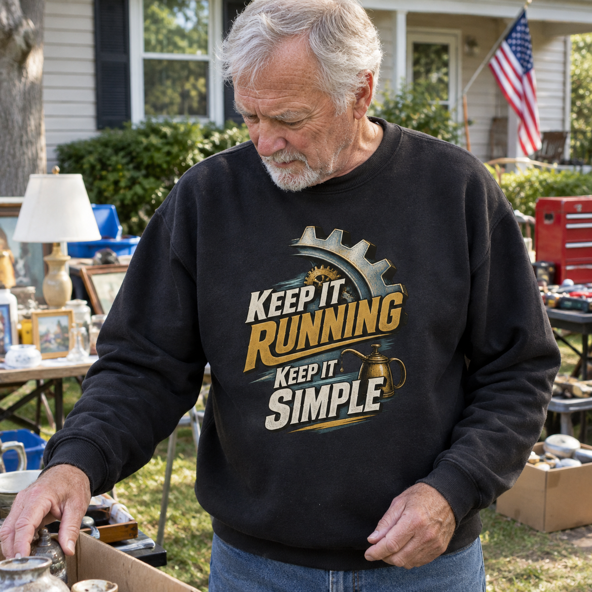 Senior man wearing black vintage sweatshirt with printed Keep It Running Keep It Simple slogan