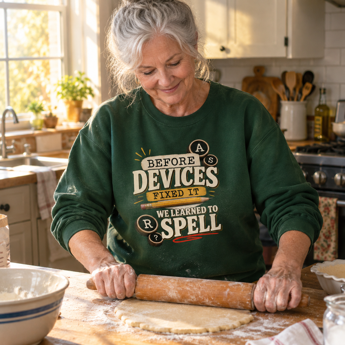 Green vintage sweatshirt with printed Before Devices Fixed It We Learned To Spell, senior baking