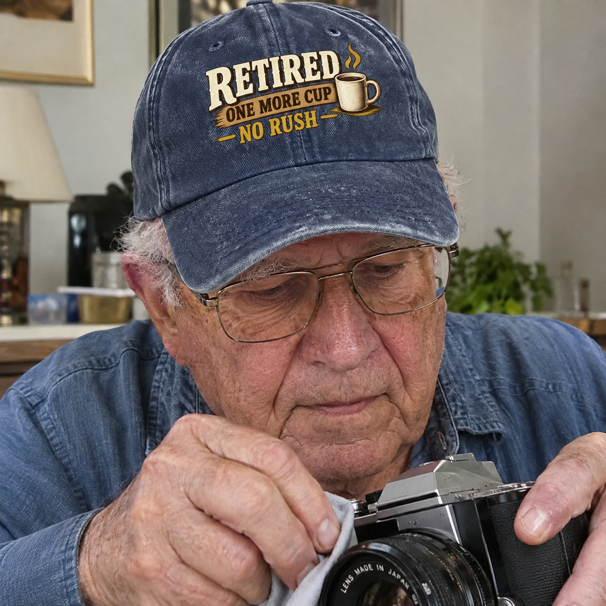 Senior man wearing blue vintage washed cap with printed Retired One More Cup No Rush