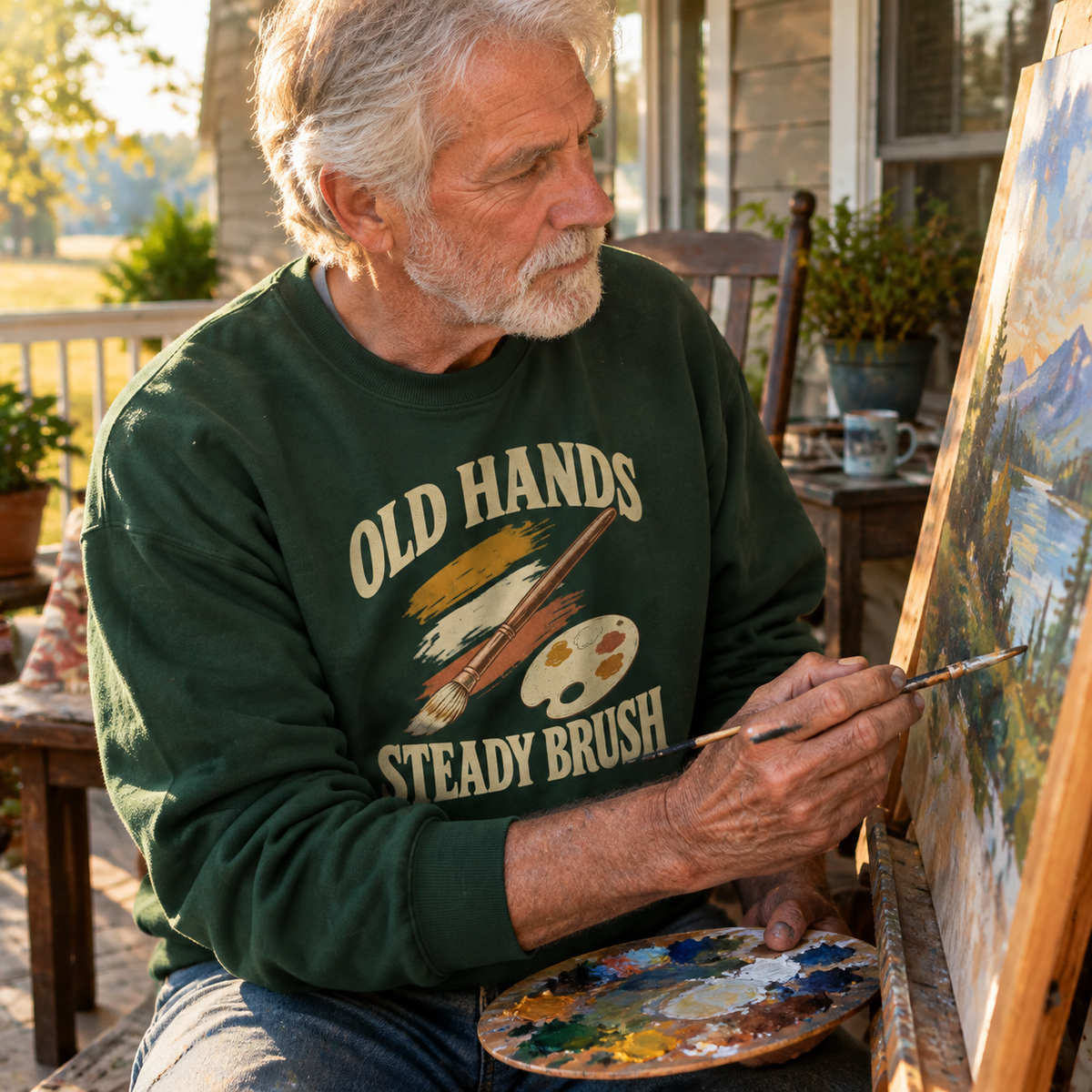 Dark green vintage sweatshirt printed “Old Hands Steady Brush,” worn by senior man painting outdoors