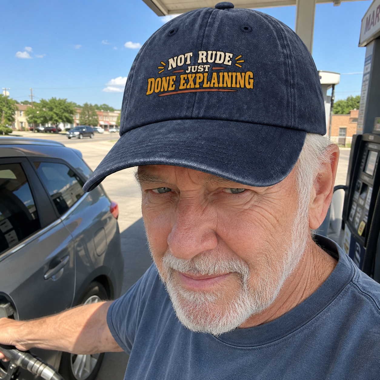 Senior man wearing navy vintage washed cap with printed Not Rude Just Done Explaining
