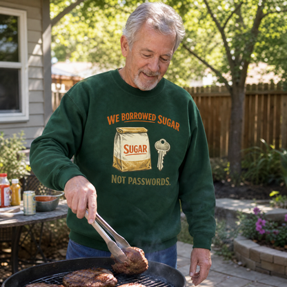Green vintage sweatshirt with We Borrowed Sugar Not Passwords print, senior man grilling outdoors front view