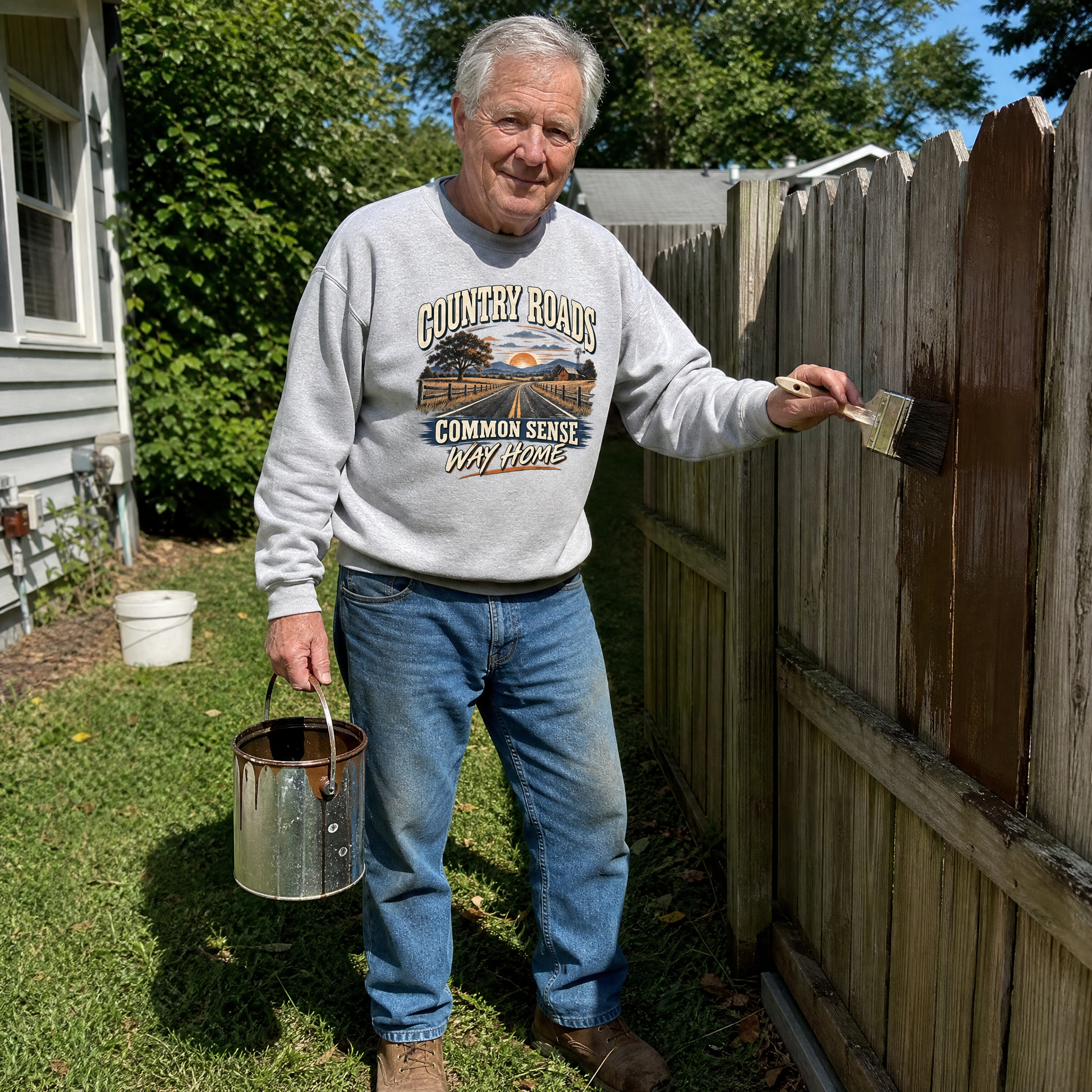 Vintage sweatshirt featuring printed Country Roads Common Sense Way Home design lifestyle view