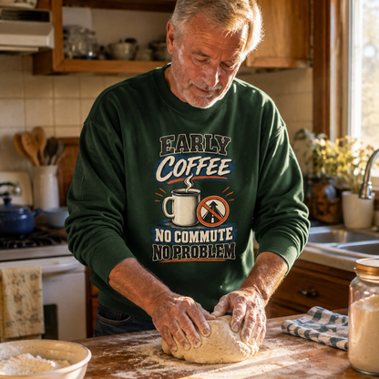 Green vintage sweatshirt with Early Coffee No Commute No Problem print, senior man kitchen