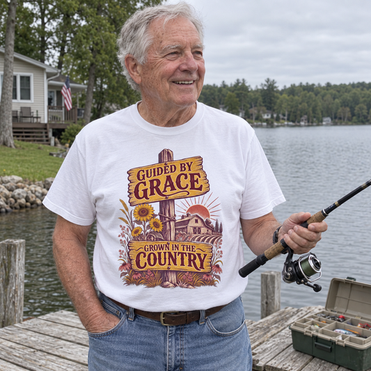 Senior man fishing lakeside in white vintage t-shirt with printed country sign and sunflowers.