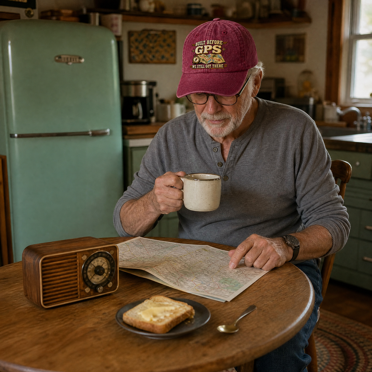 Senior man wearing burgundy vintage washed cap with printed GPS slogan in kitchen, front view