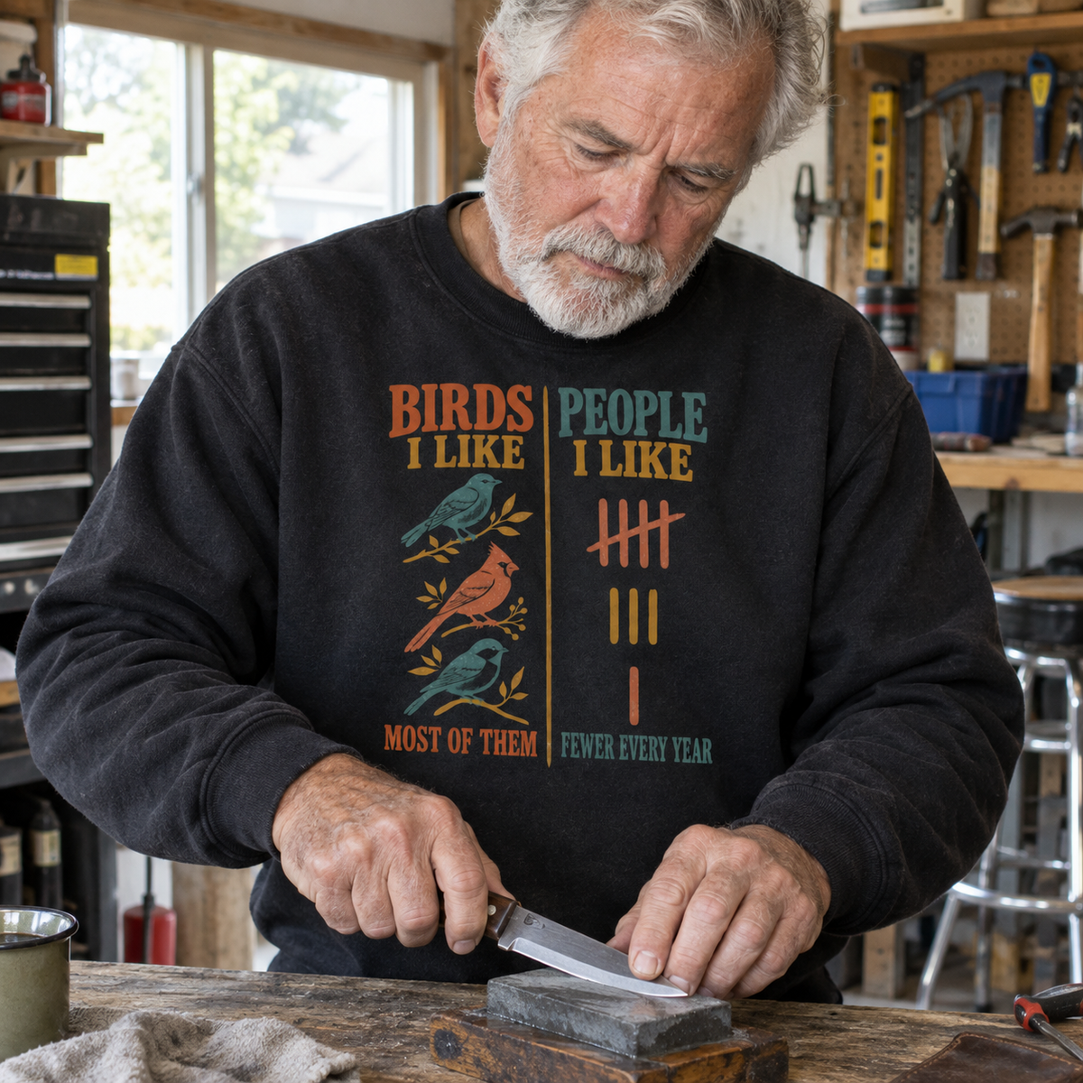 Senior man wearing black vintage sweatshirt with printed Birds Like Most Of Them design