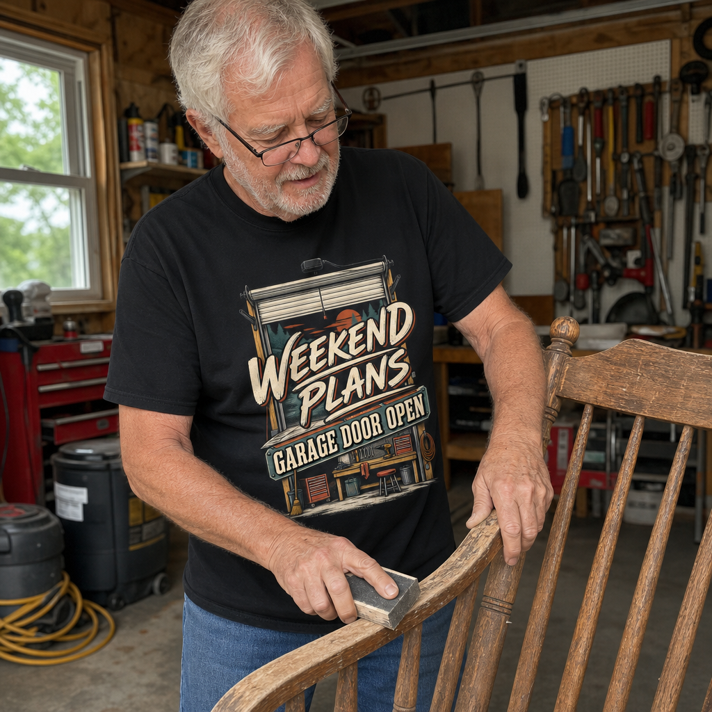 Senior man wears black vintage t-shirt with printed Weekend Plans Garage Door Open design, workshop.