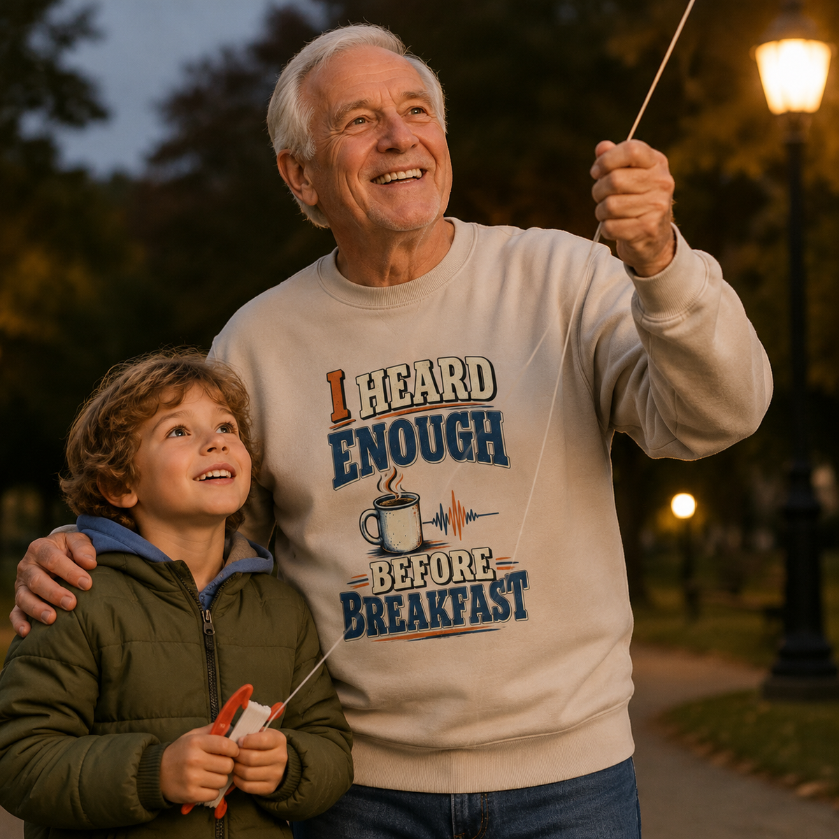 Senior man wearing beige vintage sweatshirt with printed I Heard Enough Before Breakfast slogan outdoors