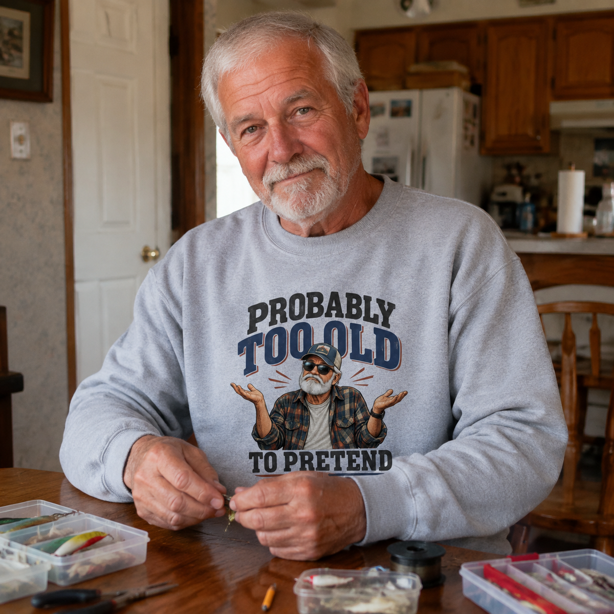 Senior man wearing gray vintage sweatshirt with Probably Too Old To Pretend print at home