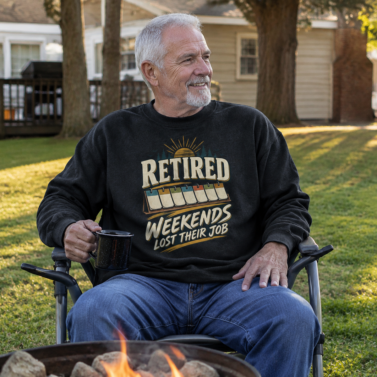 Senior man wearing black vintage sweatshirt with printed Retired Weekends Lost Their Job slogan outdoors