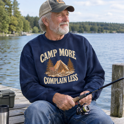 Navy vintage sweatshirt with printed Camp More Complain Less design, senior man fishing lakeside