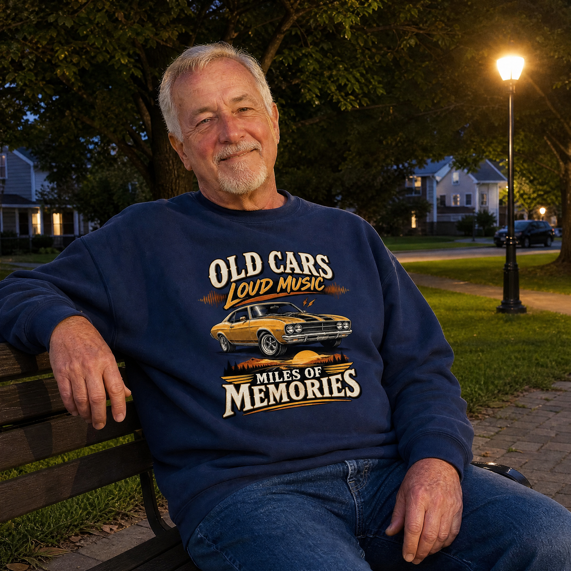Happy Weekend! vintage sweatshirt with printed slogan, lifestyle view, casual seasonal setting