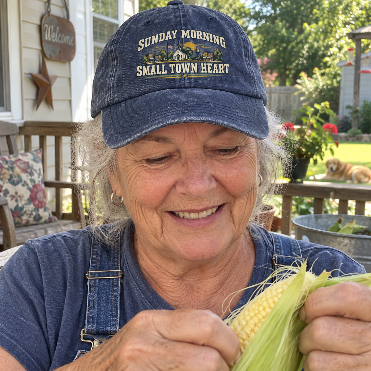 Senior woman shucks corn in navy vintage washed cap printed Sunday Morning Small Town Heart.