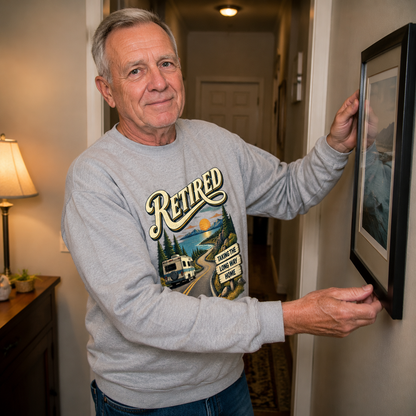 Senior man wearing gray vintage sweatshirt with printed Taking The Long Way Home design