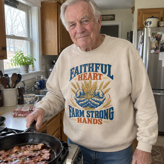 Senior man cooking in kitchen wears cream vintage sweatshirt printed with Faithful Heart Farm Strong Hands