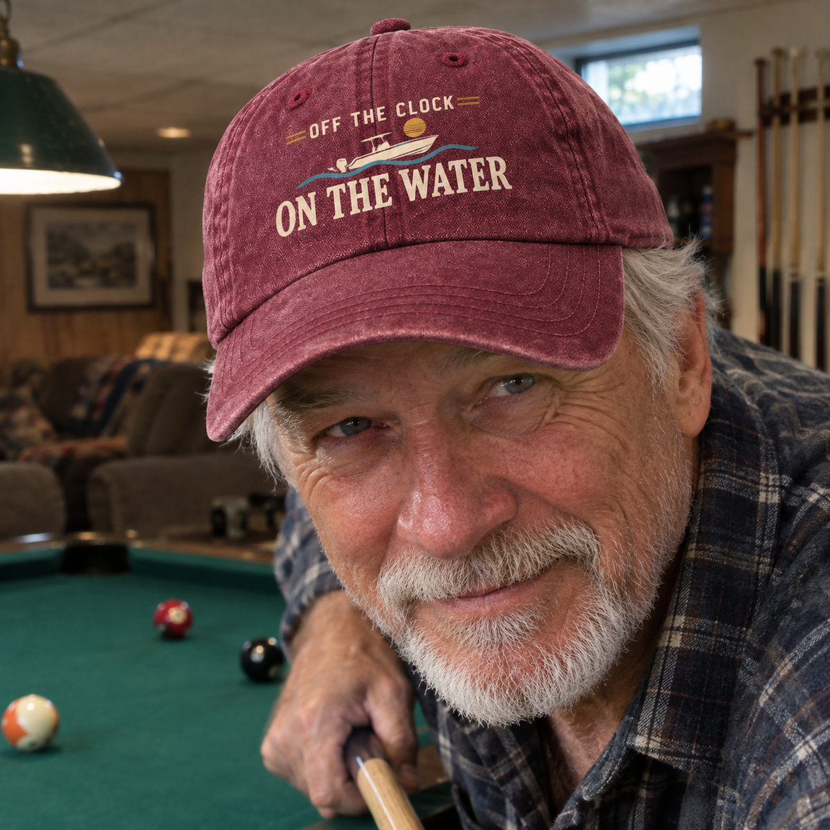Senior man wearing burgundy vintage washed cap with printed Off The Clock On The Water