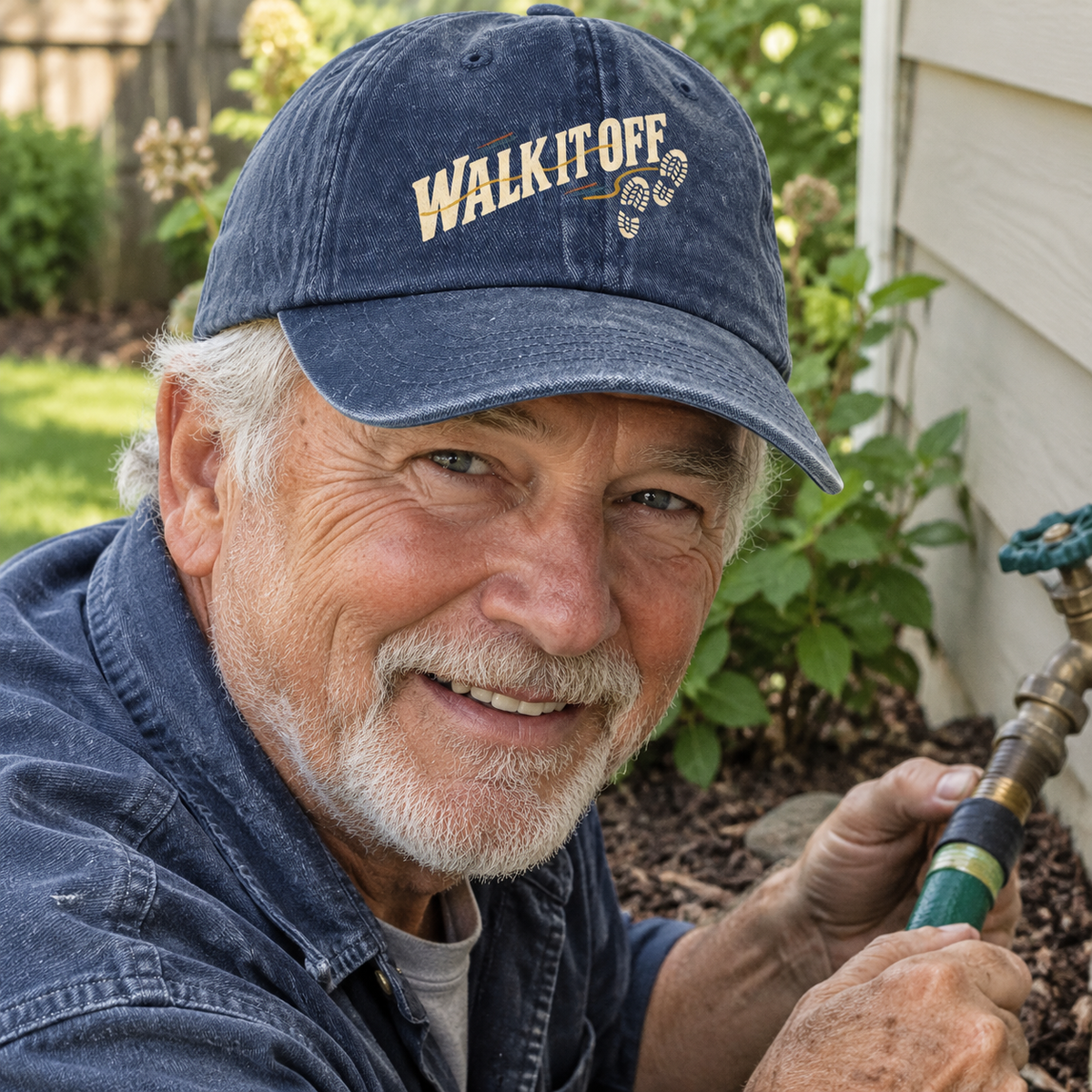 Senior man wearing blue vintage washed cap with printed Walk It Off design in garden