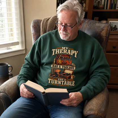 Senior wearing vintage sweatshirt with 33 toolbox and turntable ideogram 4x printed design