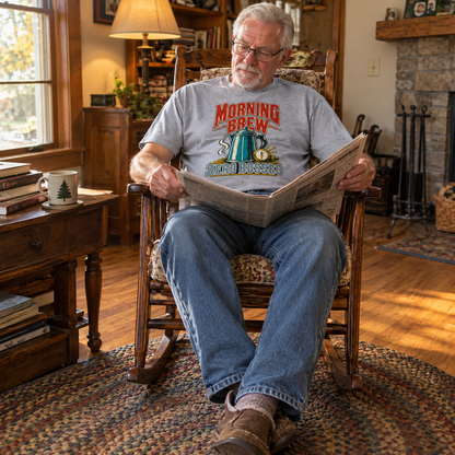 Senior man wearing gray vintage t-shirt printed Morning Brew Zero Bosses, reading newspaper at home
