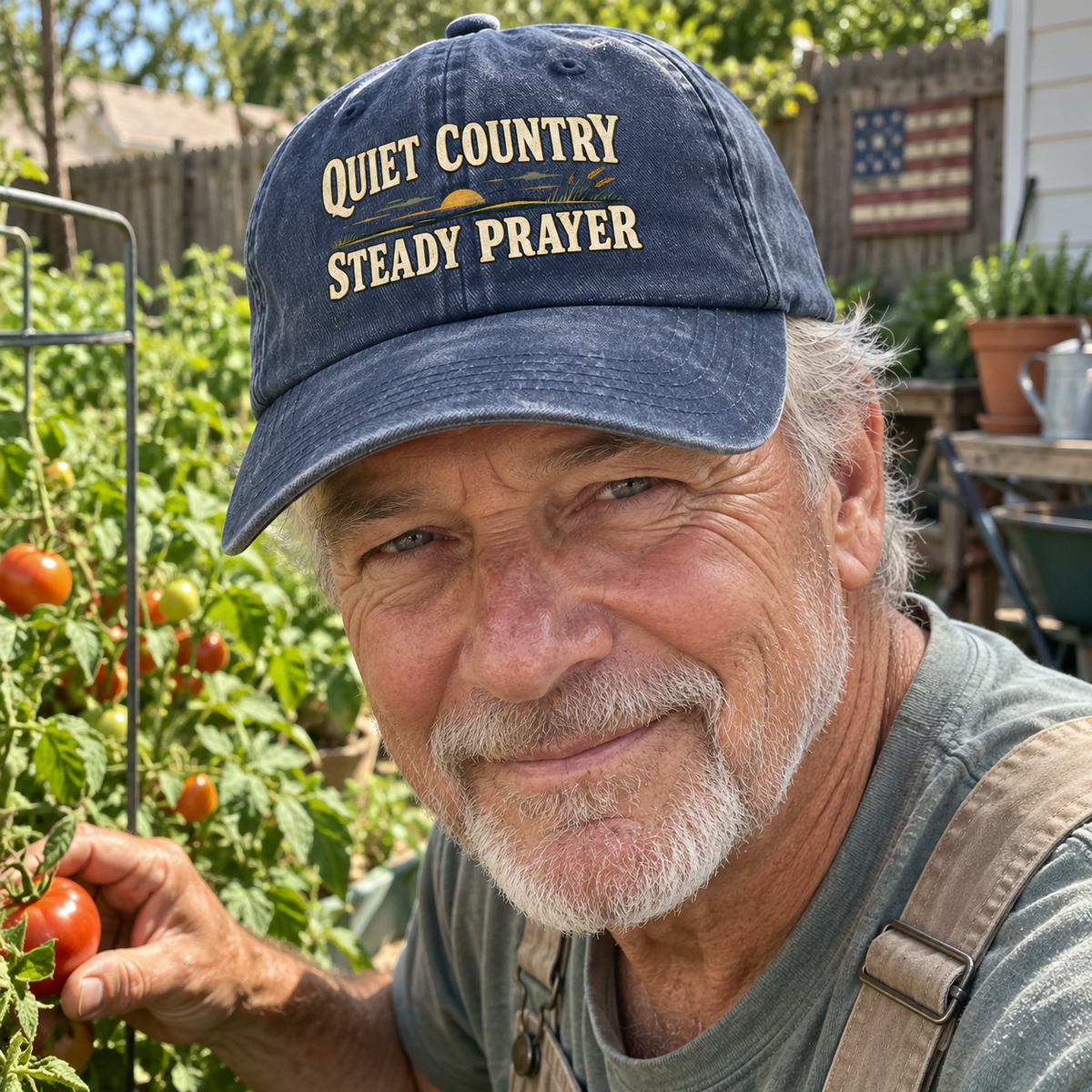 Senior man in garden wears navy vintage washed cap printed Quiet Country Steady Prayer