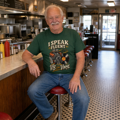 Vintage t-shirt featuring printed “32 v8 and vinyl ideogram 4x” design in lifestyle setting