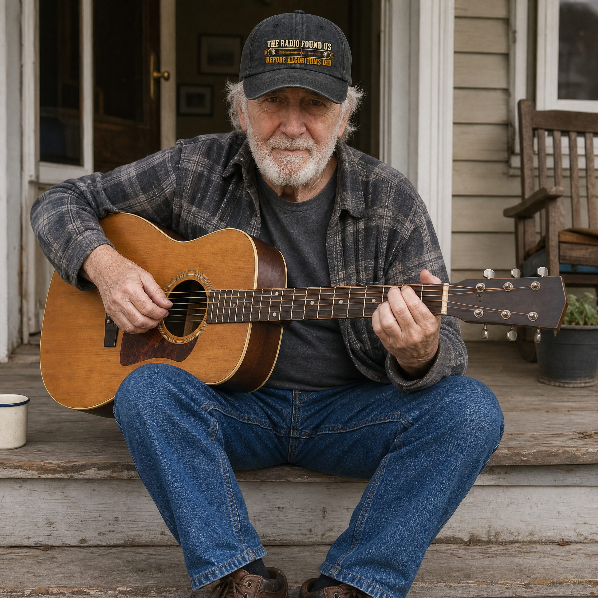 Senior man wearing a vintage washed cap with printed slogan, playing guitar on porch.