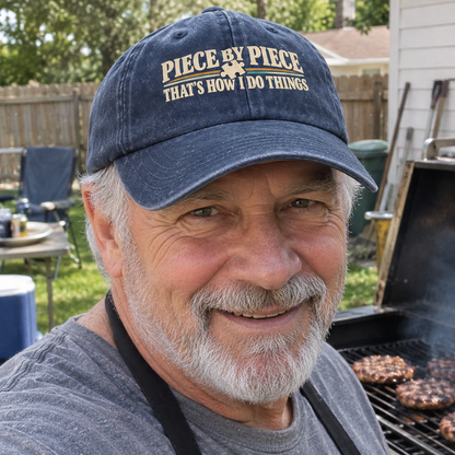 Blue vintage washed cap with printed slogan worn by senior man grilling outdoors