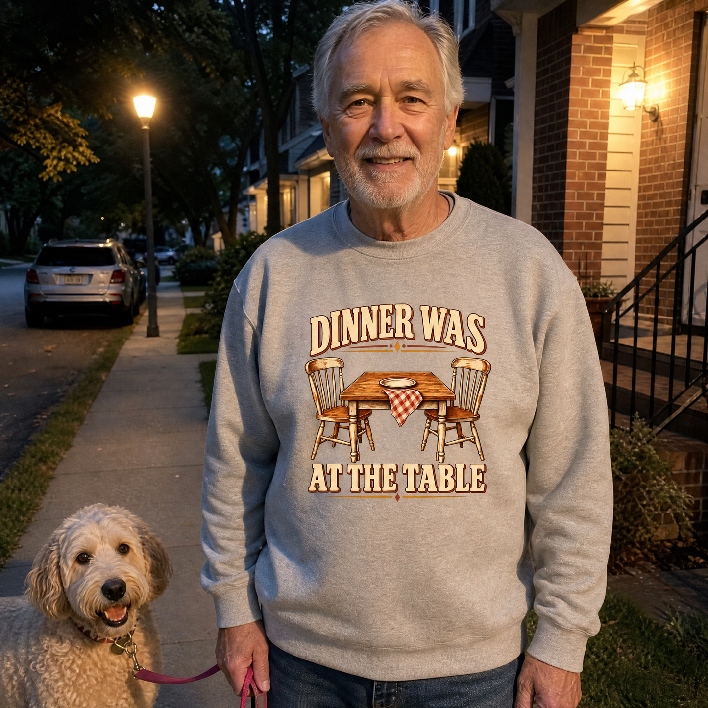 Senior man wearing a gray vintage sweatshirt with printed Dinner Was At The Table design
