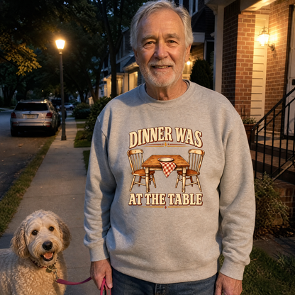 Senior man wearing a gray vintage sweatshirt with printed Dinner Was At The Table design