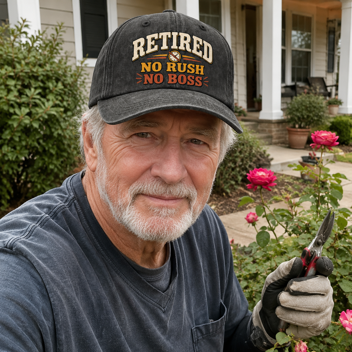 Black vintage washed cap with Retired No Rush No Boss print worn by senior gardener