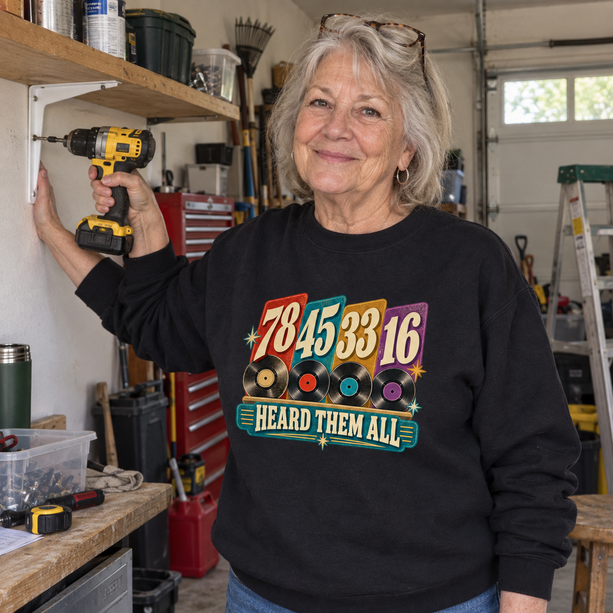 Senior woman wears black vintage sweatshirt printed 78 45 33 16 Heard Them All