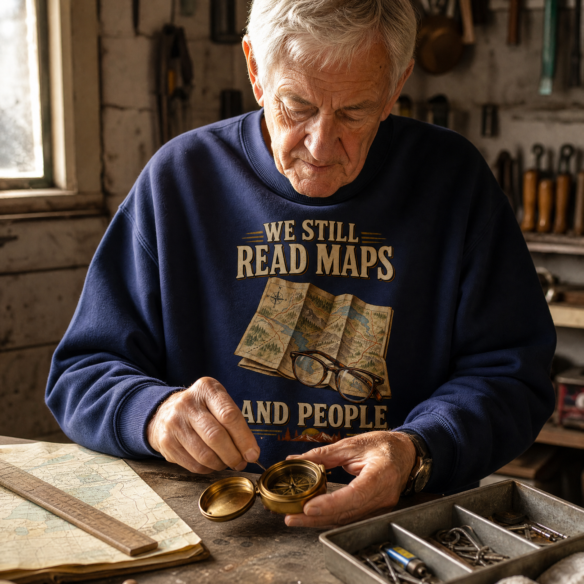 Senior man wearing navy vintage sweatshirt printed with We Still Read Maps And People