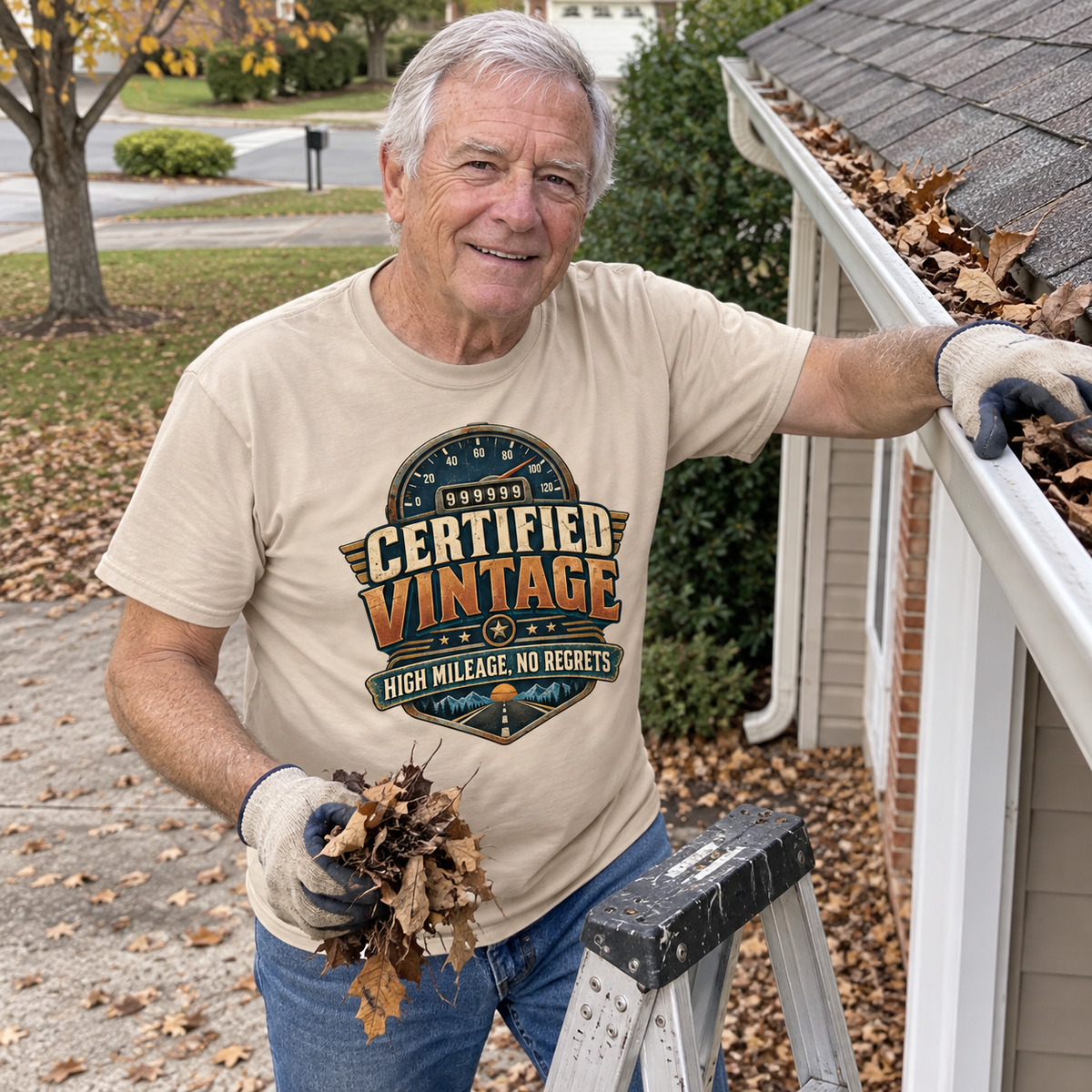 Senior man clearing gutters in cream vintage t-shirt printed Certified Vintage High Mileage, No Regrets