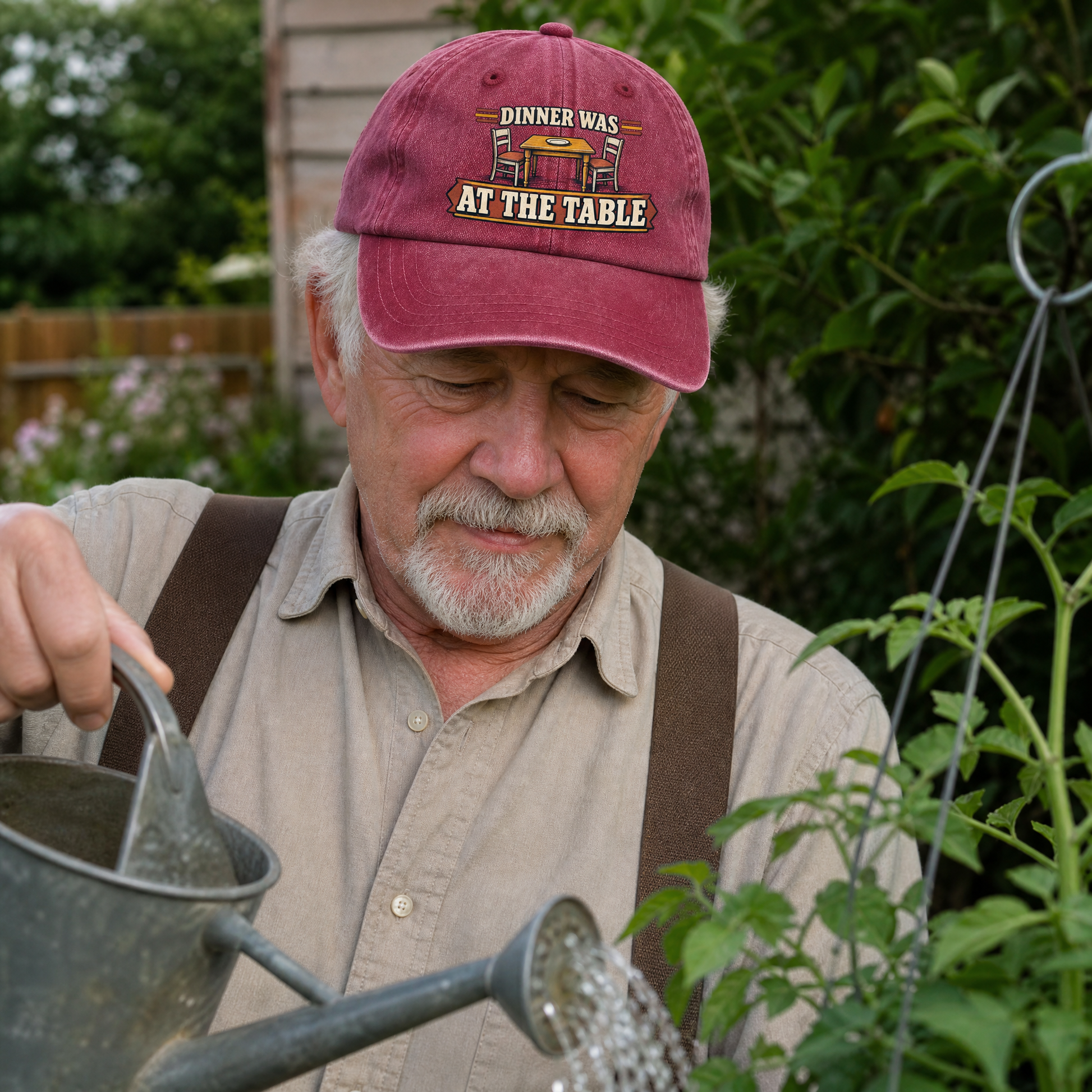 Burgundy vintage washed cap with printed “Dinner Was At The Table” design on senior man