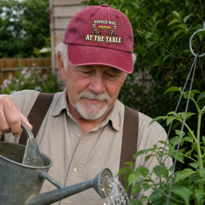 Burgundy vintage washed cap with printed “Dinner Was At The Table” design on senior man