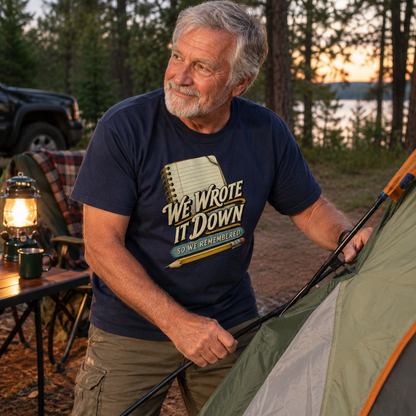 Senior man wearing navy vintage t-shirt printed with We Wrote It Down slogan while camping.