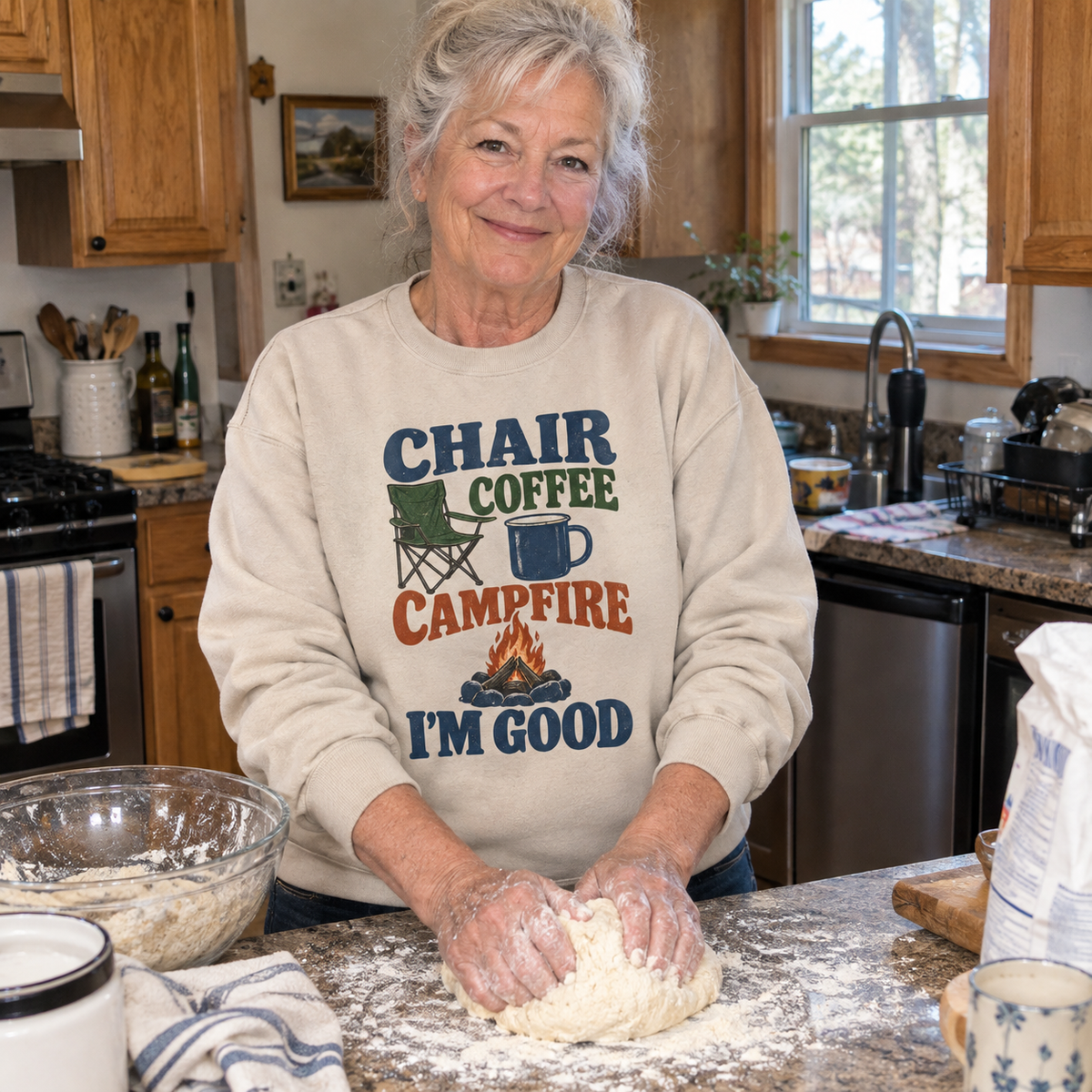Senior wearing vintage sweatshirt with Chair Coffee Campfire. I'm Good printed design