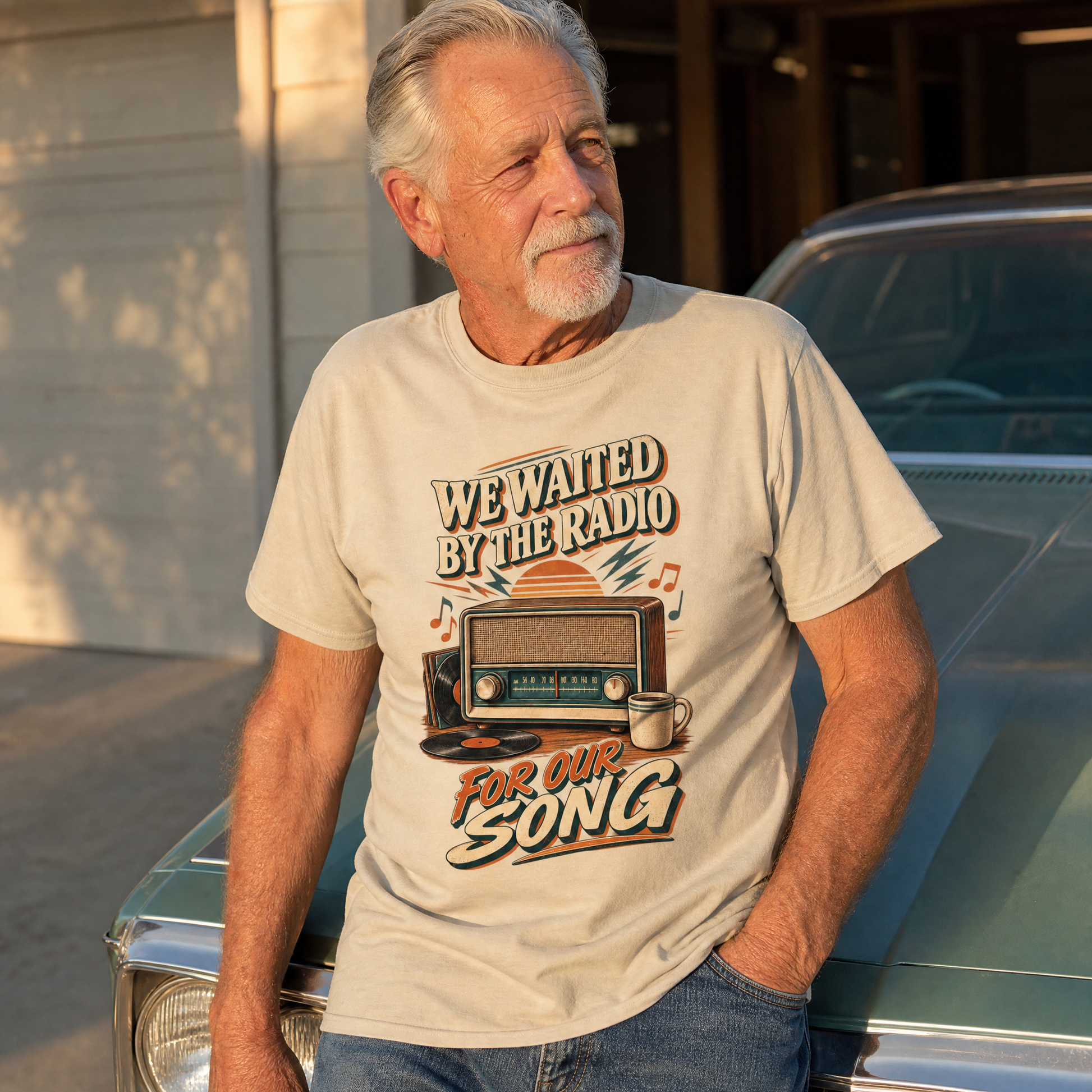 Senior man wearing cream vintage t-shirt with printed radio song design
