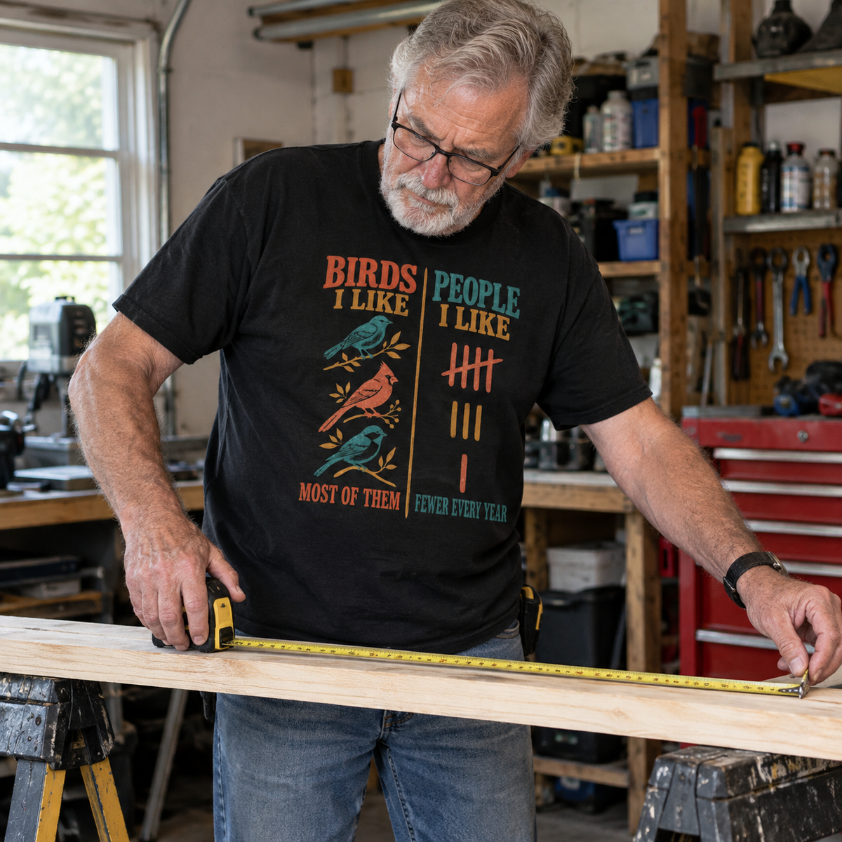 Senior man wearing black vintage t-shirt with printed bird design in workshop
