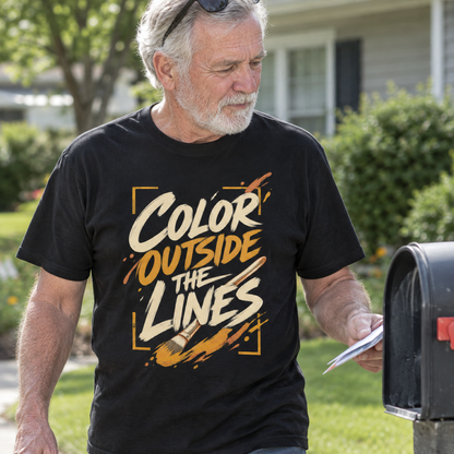 Senior man wearing a black vintage t-shirt with Painting Outside The Lines printed design outdoors