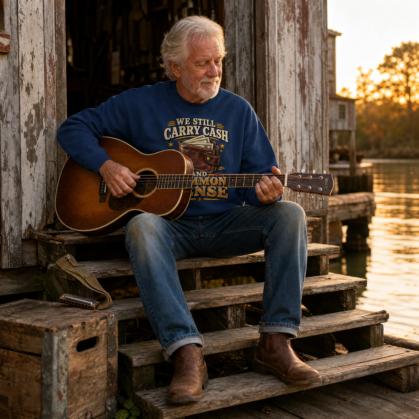 Senior man wearing navy vintage sweatshirt with printed cash and common sense slogan, playing guitar.