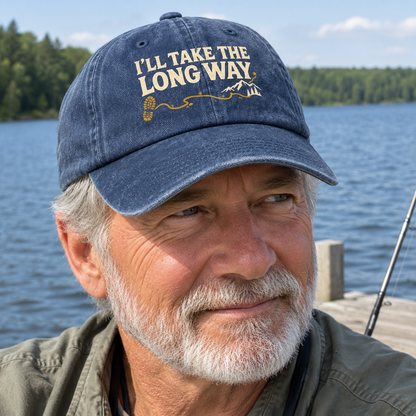 Vintage washed cap printed with “I’ll Take The Long Way” worn by senior man lakeside