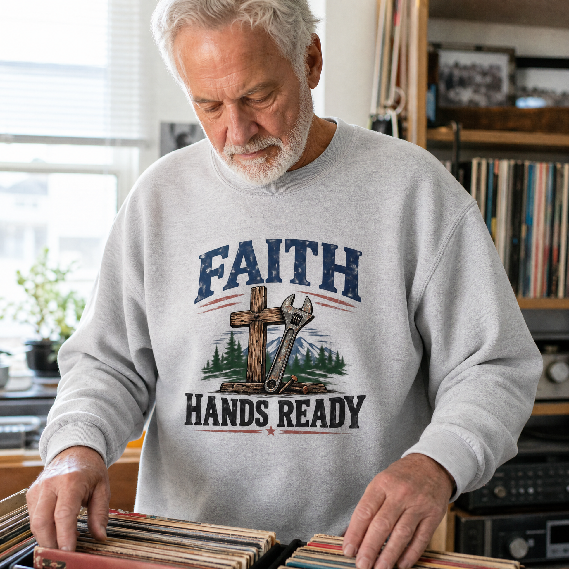 Vintage sweatshirt with printed Faith Hands Ready slogan in lifestyle setting