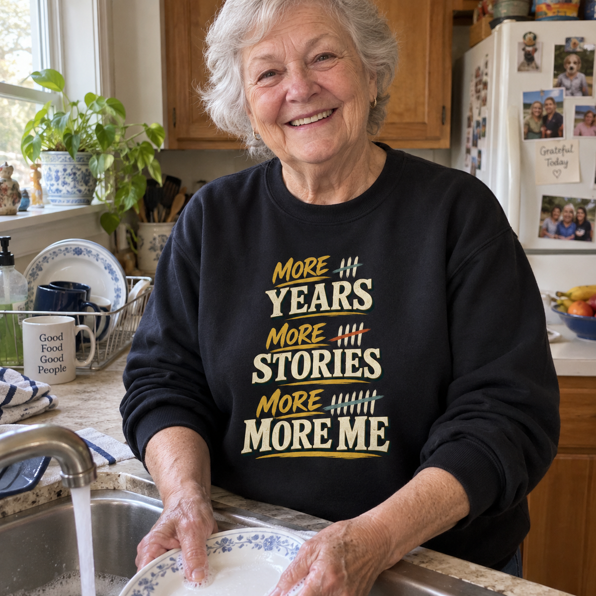 Senior woman washing dishes wearing black vintage sweatshirt printed More Years More Stories More Me
