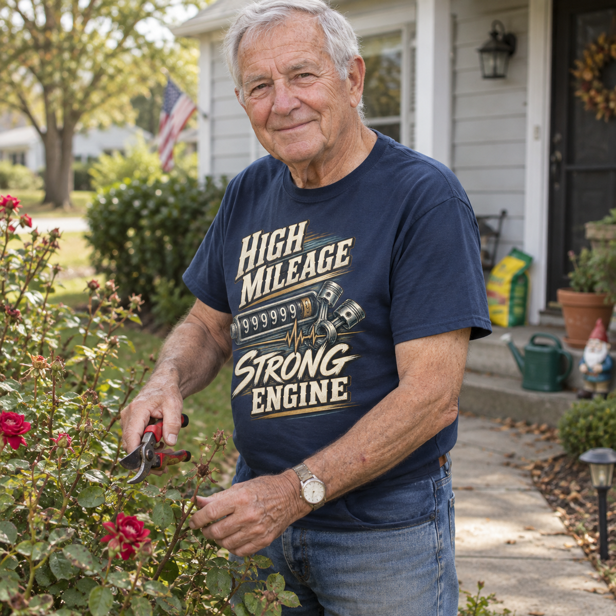 Senior man gardening in navy vintage t-shirt with printed High Mileage Strong Engine design